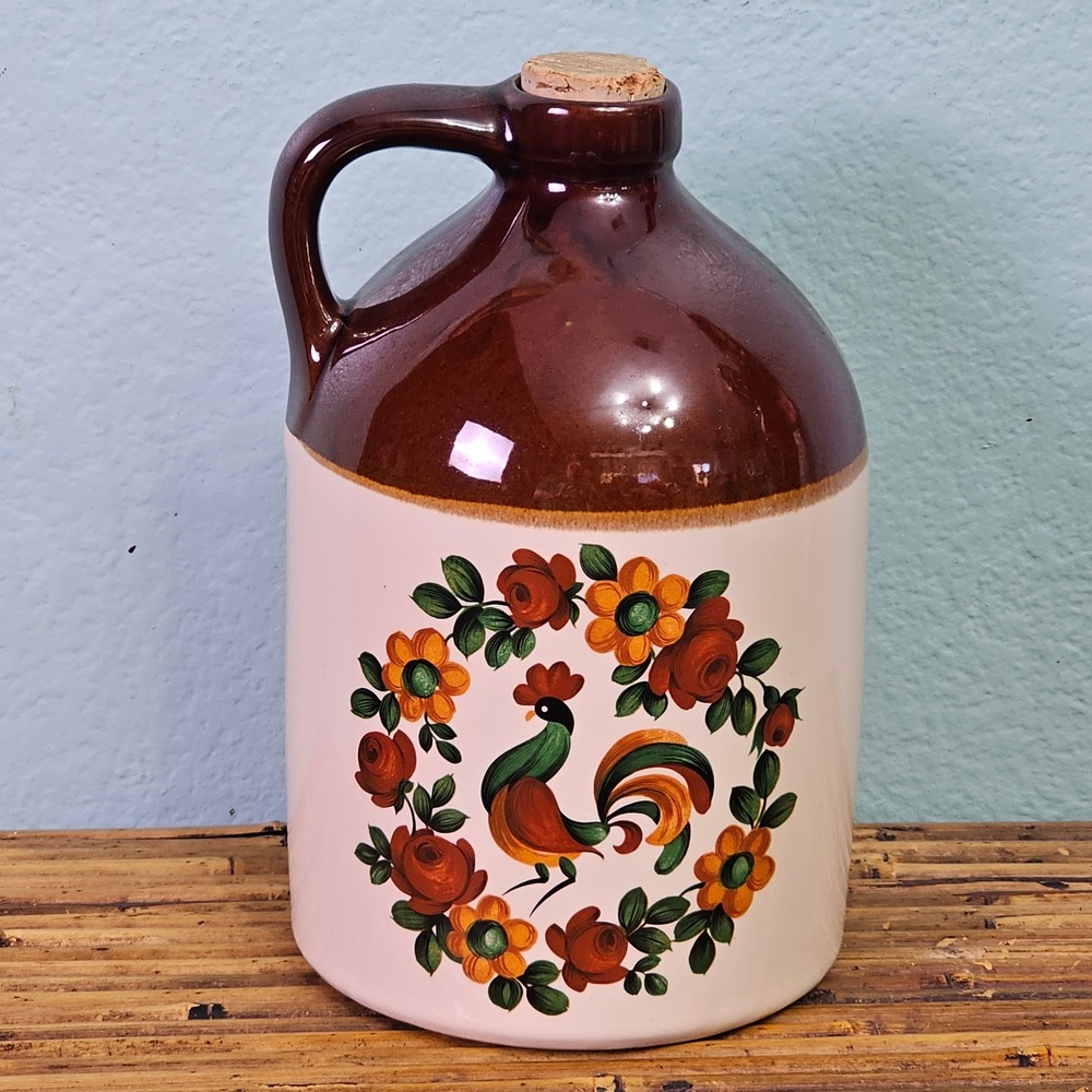 Vintage Stoneware Rooster Floral Whiskey Jug Ceramic Crock & Cork 9" Farmhouse